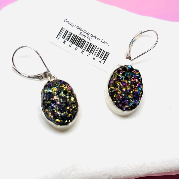 NWT Rainbow Druzy Sterling Silver Leverback Earrings - Picture 7 of 7